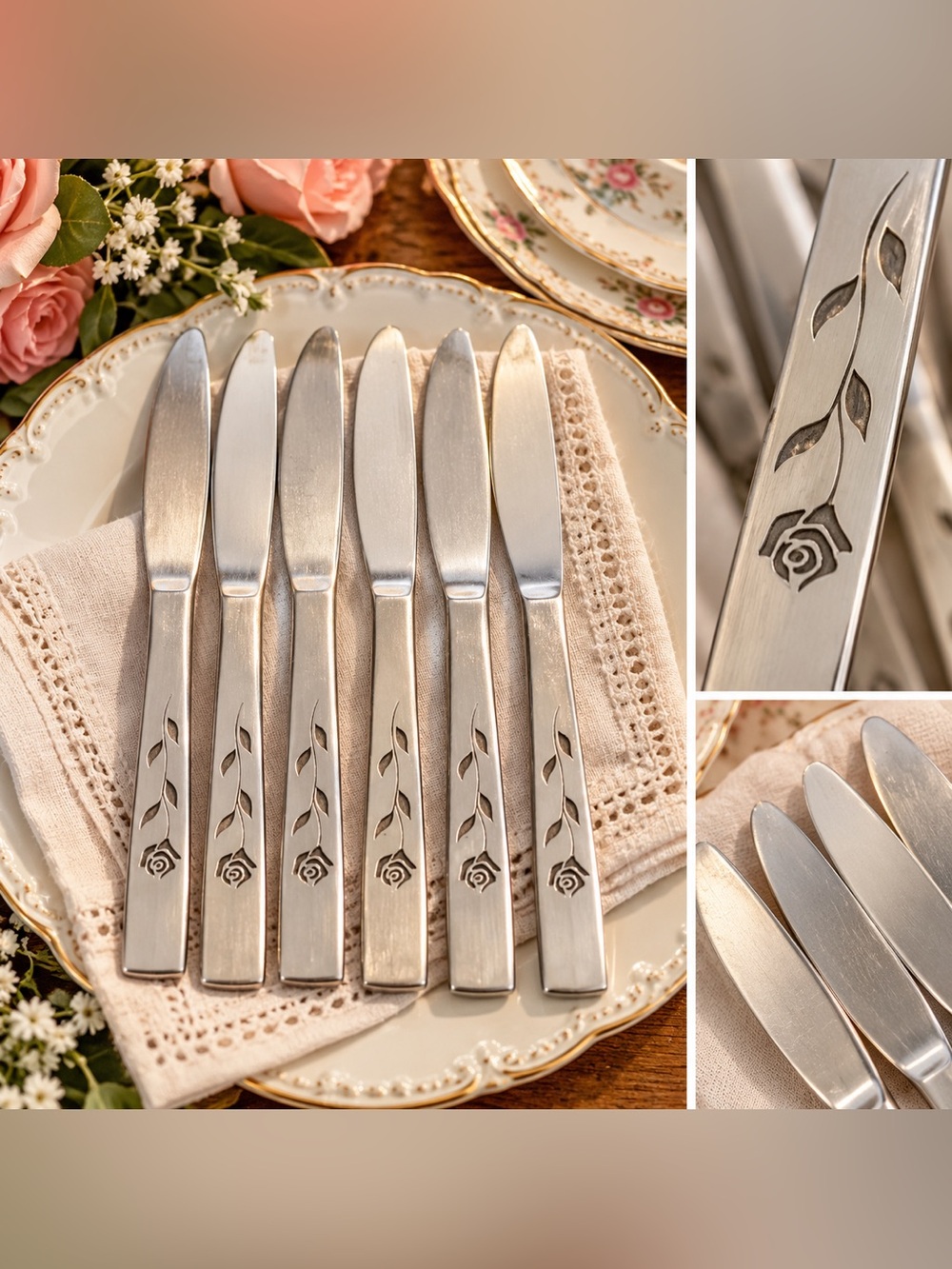 Oxford Hall 1974 Rose Stainless Steel Dinner Knives Set of 6 Japan Flatware